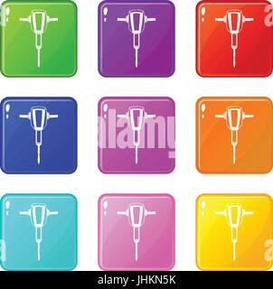 Pneumatic plugger hammer icons 9 set Stock Vector