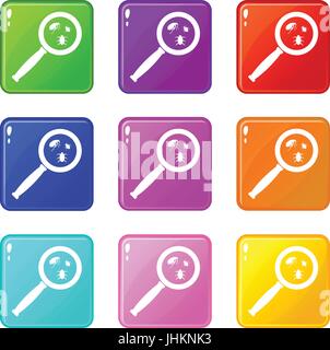Magnifier and insects icons 9 set Stock Vector