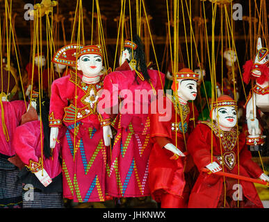 Puppets for sale at local market in Bagan, Myanmar. Bagan is an ancient city in central Myanmar (formerly Burma), southwest of Mandalay. Stock Photo