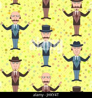 Seamless Background with Strict Slender Gentleman in Glasses, Hat and Business Suit, Funny Cartoon Characters. Tile Illustration for Your Design. Vect Stock Vector