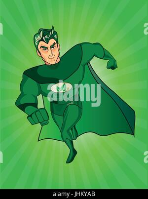 A cartoon superhero character with a green cape and costume and an leafs symbol on his chest Stock Vector