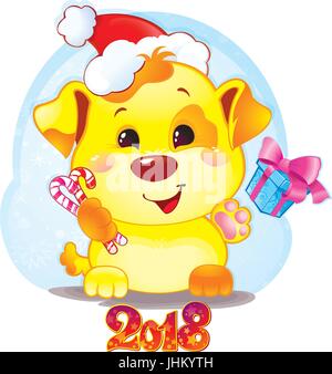 Happy 2018 New Year card. Funny puppy congratulates on holiday.  Symbol of Chinese horoscope for 2018. Cute puppy in cartoon style. Stock Vector
