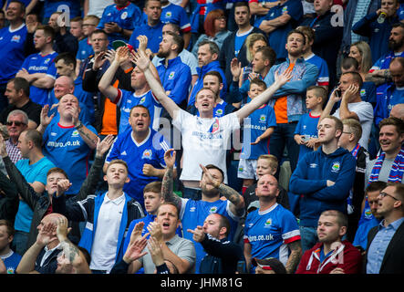 Linfield fans before the UEFA Champions League Qualifying, Second Round, First Leg match at Windsor Park, Belfast. Stock Photo