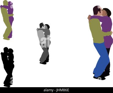 Realistic flat colored, greyscale and silhouette illustration of a french kissing couple Stock Vector