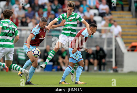 Burnley's Jonathan Walters (centre left) and Andre Gray (right) with Shamrock Rovers' Tim Linthorst during the Pre-Season Friendly match at the Tallaght Stadium, Dublin. Stock Photo