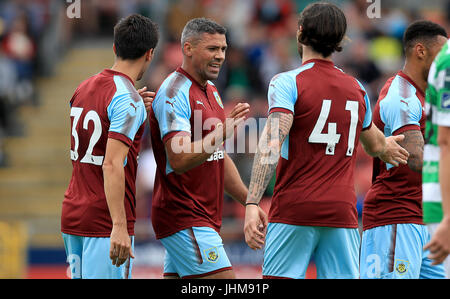 Burnley's Jonathan Walters (centre) celebrates scoring the first goal of the game with Jack Cork and Aiden O'Neill during the Pre-Season Friendly match at the Tallaght Stadium, Dublin. Stock Photo