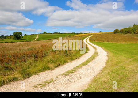 a limestone country bridleway going through an area used for clay pigeon shooting tournaments under a blue cloudy sky in the yorkshire wolds in summer Stock Photo
