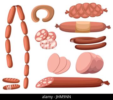 Meat and sausages Set of fresh and prepared meat. Beef, pork, salted lard and bologna and salami sausages. Modern flat style realistic vector illustra Stock Vector