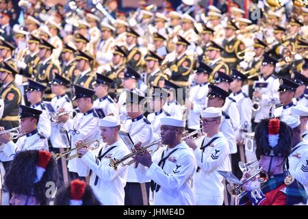 Hong Kong, China. 13th July, 2017. Members of international military bands perform during the International Military Tattoo in Celebration of the 20th Anniversary of the Establishment of Hong Kong Special Administrative Region in Hong Kong, south China, July 13, 2017. The event is held in Hong Kong Coliseum from July 13 to 15. Credit: Wang Xi/Xinhua/Alamy Live News Stock Photo