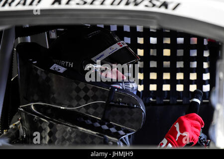 Loudon, New Hampshire, USA. 14th July, 2017. Brad Keselowski, Monster Energy NASCAR Cup Series driver of the Wurth Ford (2), sits in his car during the NASCAR Monster Energy Overton's 301 practice held at the New Hampshire Motor Speedway in Loudon, New Hampshire. Eric Canha/CSM/Alamy Live News Stock Photo