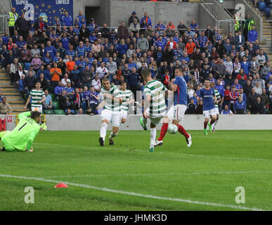 Windsor Park, Belfast, UK. 14 July 2017. Linfield v Celtic (UEFA CL QR2 1st Leg). Linfield threatened with this second-half attack. Credit:CAZIMB/Alamy Live News. Stock Photo