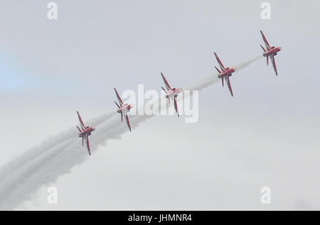 Gloucestershire, UK. 14th July, 2017. The RAF Aerobatic Team, the Red Arrows perform at the Royal International Tattoo ( RIAT) 2017 at Fairford airbase, Gloucestershire Credit: jules annan/Alamy Live News Stock Photo