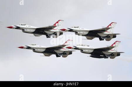 The US Air Force aerobatic display team, the Thunderbirds, perform at the 2017 Royal International Air Tattoo at RAF Fairford in Gloucestershire. Stock Photo