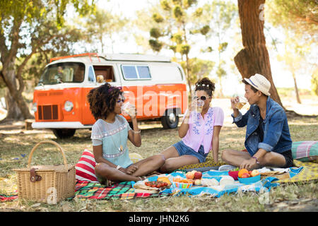 Happy friends having food while sitting on picnic blanket at field against camper van Stock Photo