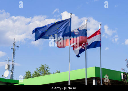 Cakovec/Lendava border crossing HR-SLO, flag of European Union, EU, Croatia, Slovenia Stock Photo