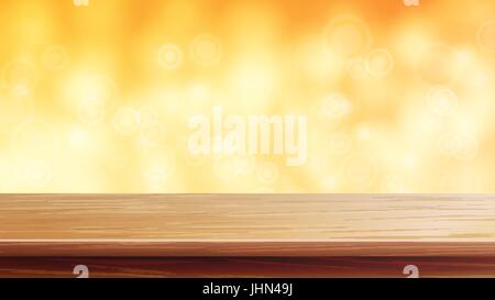 Wood Table Top Vector. Orange, Autumn, Yellow Bokeh Background. Empty Wooden Deck Table. Abstract Lights On Gold Bokeh Blurred Background. For Advertising Your Product On Display. Stock Vector