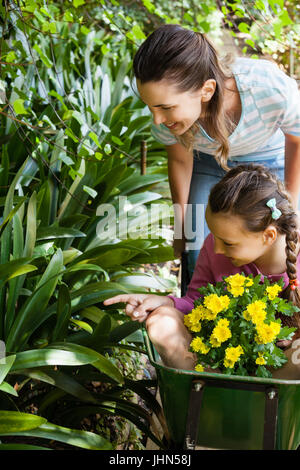 Mother looking while daughter sitting in wheelbarrow pointing towards plants at garden Stock Photo