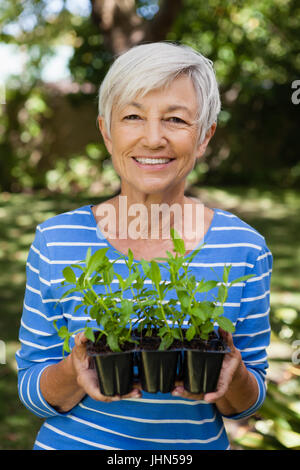 Portrait of smiling woman holding seedlings at backyard Stock Photo