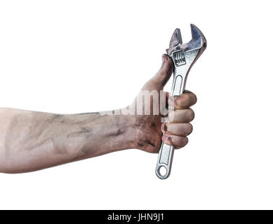 Oily hands of mechanic holding a wrench. Isolated background. Stock Photo