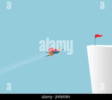 businessman in red cape flying to red flag on cliff, business vision concept cartoon vector illustration Stock Vector