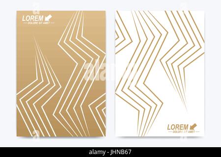 Vector template for brochure, Leaflet, flyer, advert, cover, catalog, poster, magazine or annual report. Geometric background molecule. Golden cybernetic dots communication.Lines plexus. Card surface Stock Vector