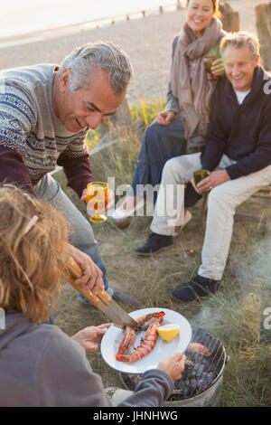 Mature couples barbecuing and drinking wine on beach Stock Photo