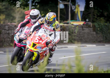 Road racing action from the Southern 100 2017, Isle of Man. Riders such as Dean Harrison, Michael Dunlop and Dan Kneen competing at the Billown track Stock Photo