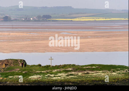 St Cuthbert's Isle wooden cross, Holy Island, Lindisfarne, Northumberland Stock Photo