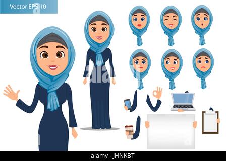 Arabic woman constructor set. Cute businesswoman cartoon character with various face expressions and different things. Stock vector Stock Vector