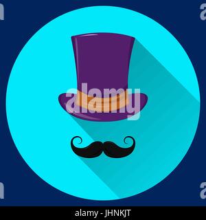 Mustache and cylinder. Flat icon on blue background. Stock Vector