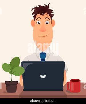 Business man entrepreneur working on a laptop computer at his office desk. Cute cartoon character. Modern color vector illustration. Stock Vector