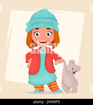 Cartoon little girl with teddy bear. Cute illustration on abstract background. Can be used as poster, placard, print on clothes, illustration for book Stock Vector