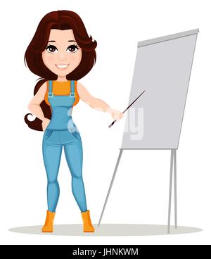 Farmer girl dressed in work jumpsuit. Cute cartoon character standing near board while presentation. Usable for animation and in any farm related proj Stock Vector