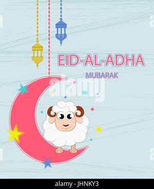 Festival of sacrifice Eid-Ul-Adha.  Lettering translates as Eid Al-Adha (feast of sacrifice). Greeting card. Moon, stars and lanterns. Stock Vector