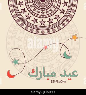 Eid Al-Adha greeting postcard. Abstract vector illustration. Arabic Lettering translates as Eid Al-Adha (feast of sacrifice). Stock Vector