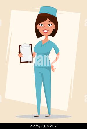 Doctor, medical worker in blue uniform, holding disease history. Cute cartoon character. Isolated vector illustration on white background. Stock Vector
