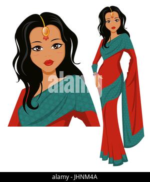 Cute Indian woman wearing a beautiful saree. Vector illustration. EPS10 Stock Vector