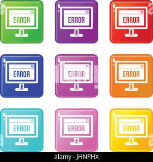 Error sign on a computer monitor icons 9 set Stock Vector