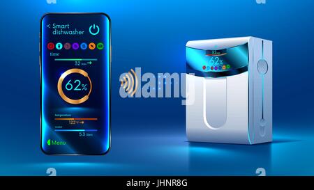 The smartphone controls via a wireless connection via the Internet with a smart dishwasher. Internet of things. IOT. Home automation Set Vector illust Stock Vector