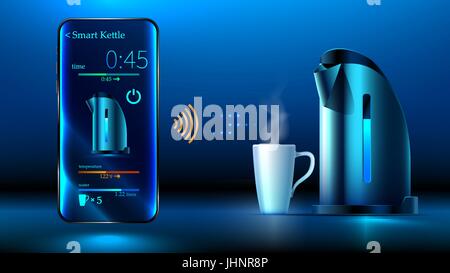 smart kettle is on the table. Smartphone controls smart kettle over wifi internet. Control interface smart kettle over a wireless connection. The Inte Stock Vector