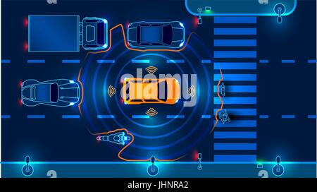 Autonomous smart car scans the road operates the machine automatically stops at the crosswalk in the city. Vector illustration. Stock Vector