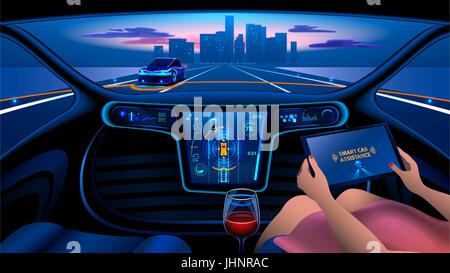 Smart car in front view linear icon. NFC auto with roof camera and ...