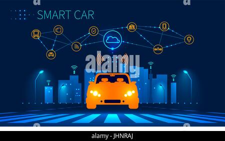 Smart car wireless network connection with smart city. Smart vehicle and automotive technology. Icons of city infrastructure. Taxi Future concept. Vec Stock Vector
