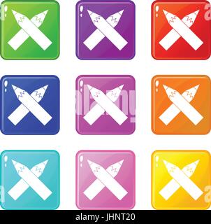 Two crossed pencils icons 9 set Stock Vector