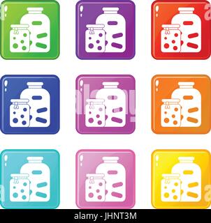 Jars with pickled vegetables and jam icons 9 set Stock Vector