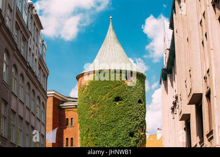 Riga Latvia. View Of Powder Tower On Smilsu Street In Sunny Day Under Summer Blue Sky Stock Photo