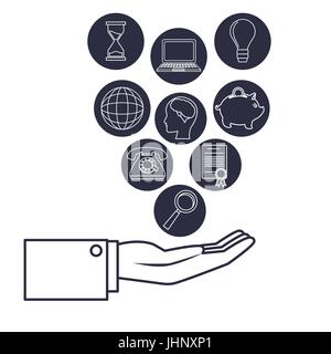 white background with dark blue silhouette executive hand holding icons business investment Stock Vector