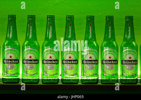 Heinekin beer bottles lines up on display Stock Photo