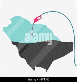 Map of Saudi Arabia being fueled by oil. Gas pump fueled map. On the map there is glass reflection. Conceptual. Oil producing or importing countries. Stock Vector