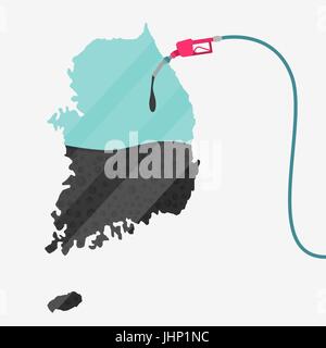 Map of South Korea being fueled by oil. Gas pump fueled map. On the map there is glass reflection. Conceptual. Oil producing or importing countries. Stock Vector
